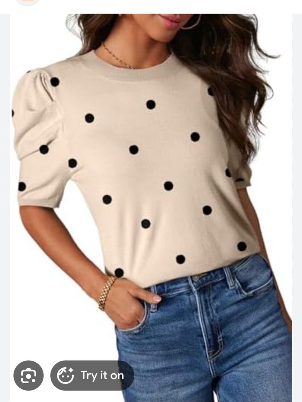 Dot Knit Short Puff Sleeve Sweater - Beige with Black Polka Dots